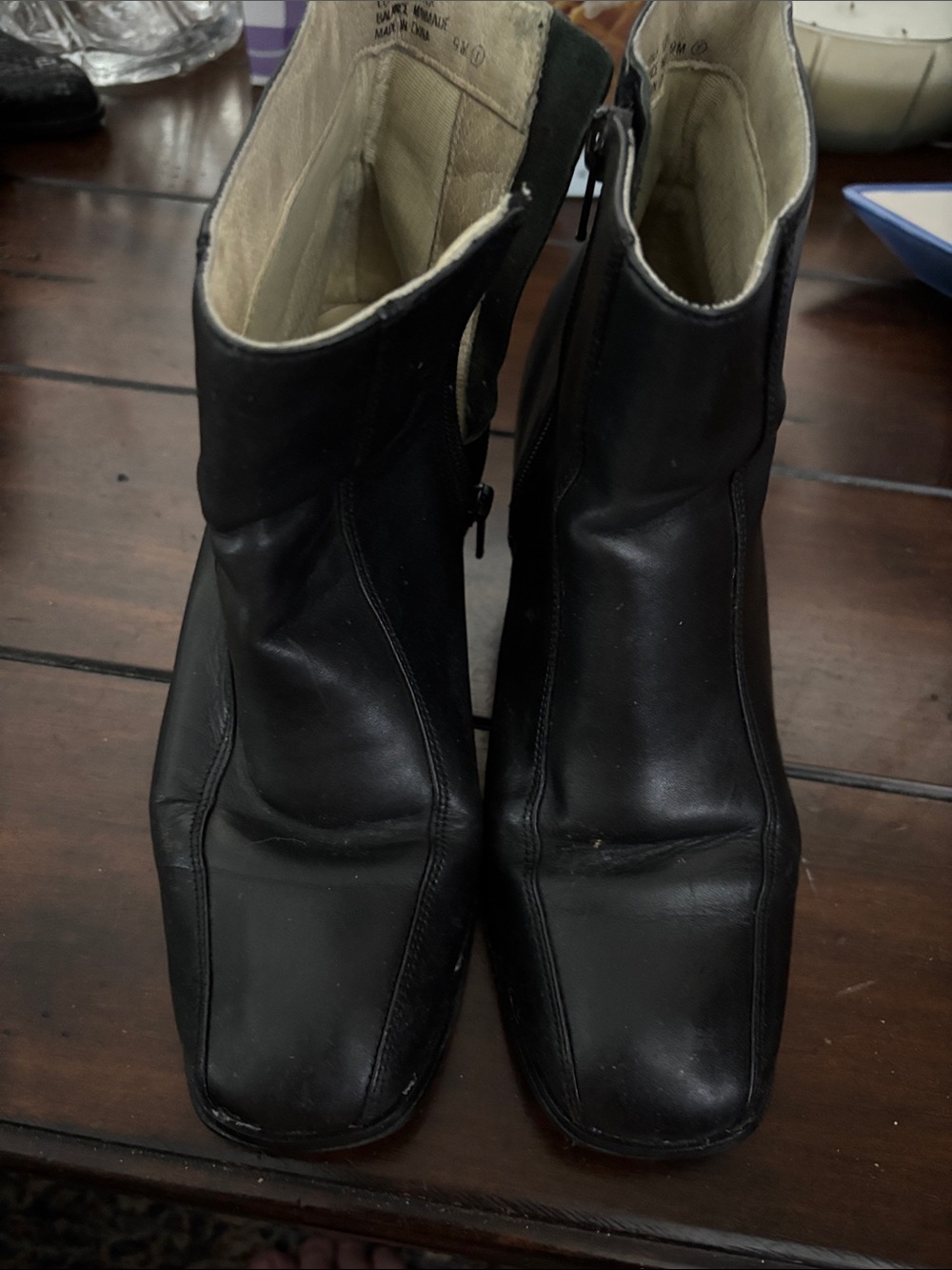 Black Leather Square-Toe Ankle Booties with Side Zip